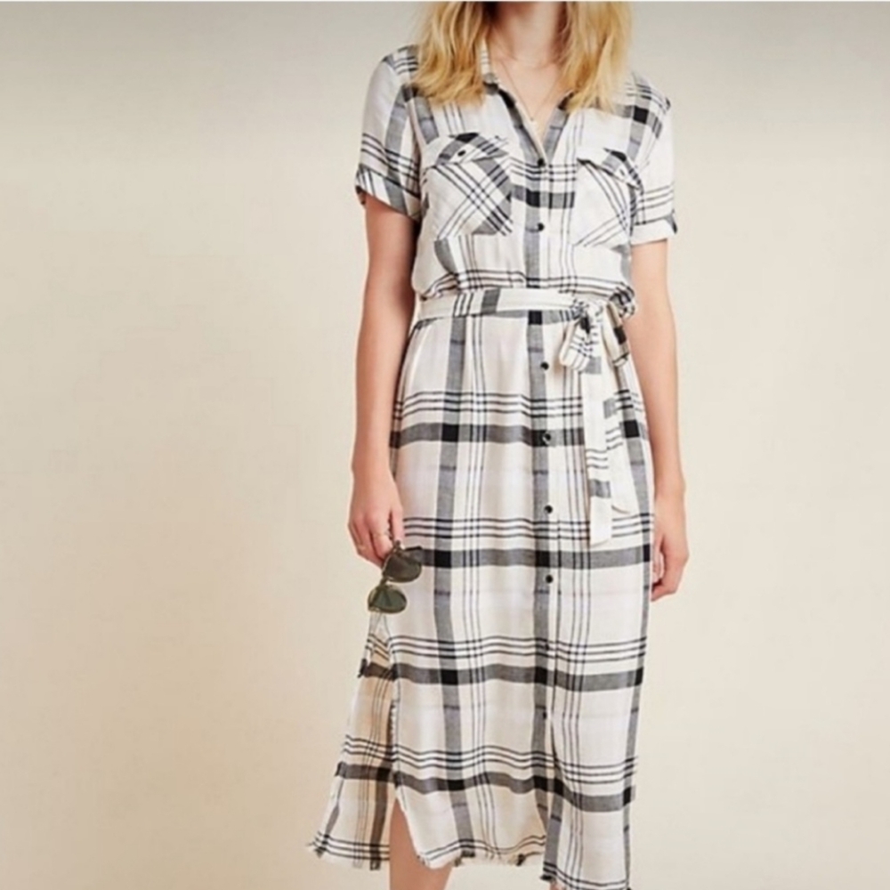 Anthropologie Cloth & Stone Black and White/Cream Plaid Tie Midi Dress